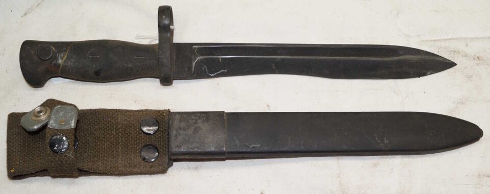 M1969 CETME bolo bayonet with scabbard and integral frog.
