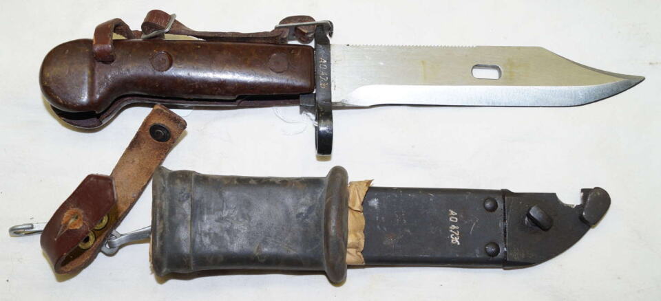AKM Wirecutter sawback bayonet with MATCHING scabbard and frog and handstrap.