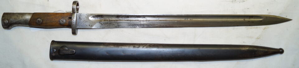 M1924b “Mexican Model” bayonet with matching scabbard.