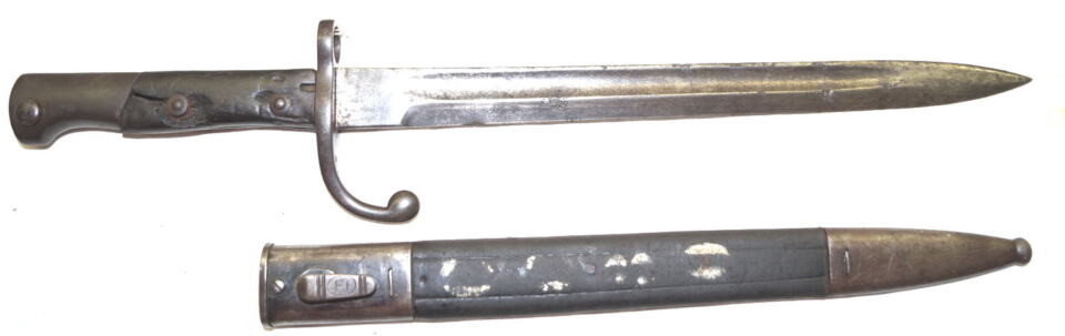 M1908 bayonet with steel mounted leather scabbard.