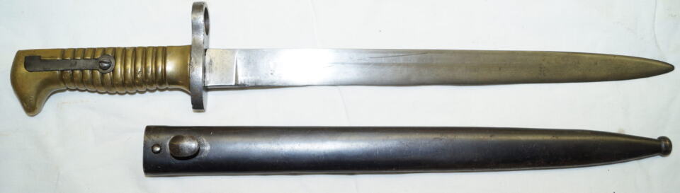Small Brass hilted bayonet with scabbard for .22 training rifle.