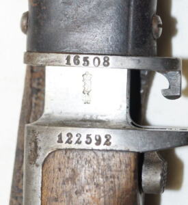M1916 bayonet with full length blade and early M1894/12 LONG LEATHER scabbard and frog.