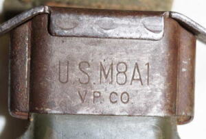 ROK M5 bayonet with M8A1 scabbard (Cut down M1) The female snap on the scabbard’s retaining strap is crushed and will not snap shut.