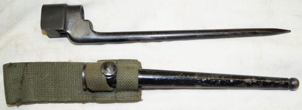 No 4 MkII spike bayonet with scabbard and Korean War era frog dated 1952.