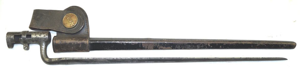 M1873 Triform socket bayonet with scabbard and leather frog.