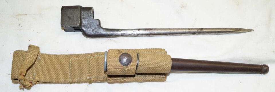 No 4 MkII spike bayonet with scabbard and frog.