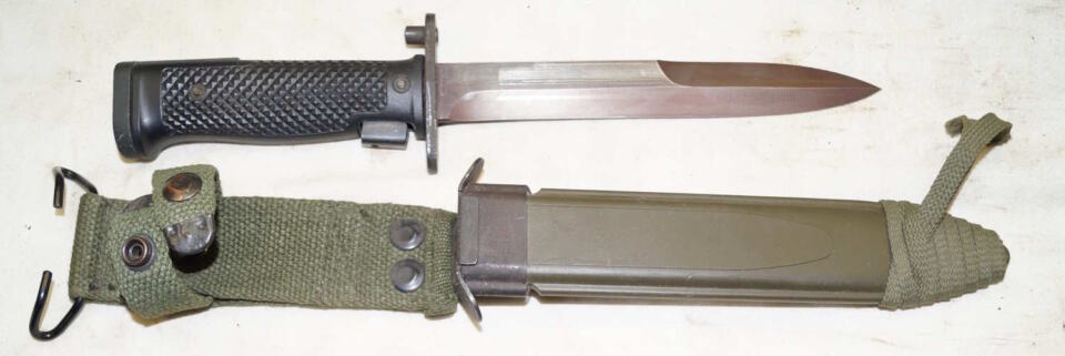 Haitian contract M5A1 bayonet with scabbard and leg tie.