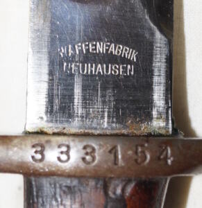M1889 bayonet with scabbard WAFFENFABRIK NEUHAUSEN Blade sharpened and subsequently buffed.