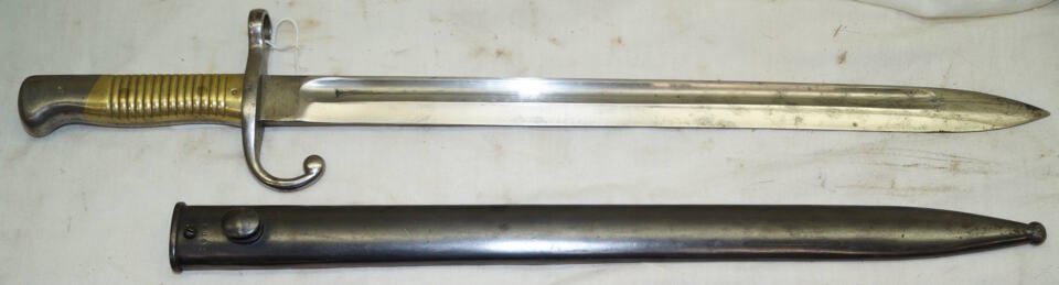 M1891 BRASS gripped bayonet with first pattern scabbard.
