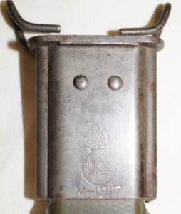 WWII M1917 Trenchgun bayonet with correct flaming bomb M-1917 marked scabbard.