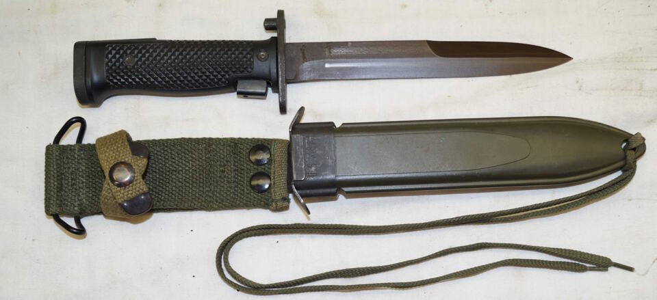 Haitian contract M5A1 bayonet with scabbard and leg tie.