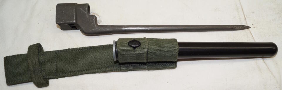 No.4 MkII spike bayonet with plastic scabbard and green 1945 frog.