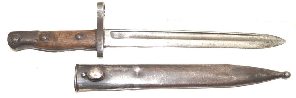 M1935 bayonet with scabbard converted from a captured Japanese T30 bayonet.