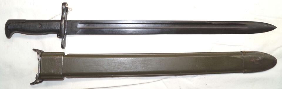 M1905 bayonet with M3 scabbard RIA 1906 US WWII reworked then Greek re-issued and refinished with typical Greek black finish and Greek repair to scabbard tip.